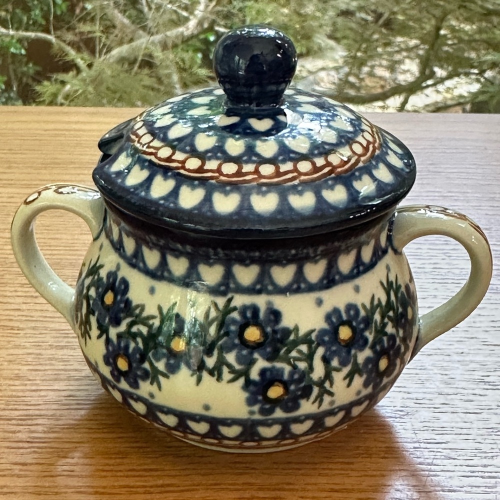Gorgeous Vintage Unikat Polish Pottery Creamer w/ Two Handles and Matching Lid